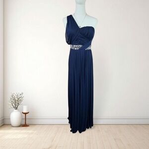 Y2K vintage DEB navy one shoulder rhinestone waist maxi gown prom formal